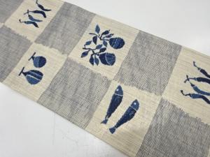 市松に魚・果実・唐辛子模様織り出し　袋帯